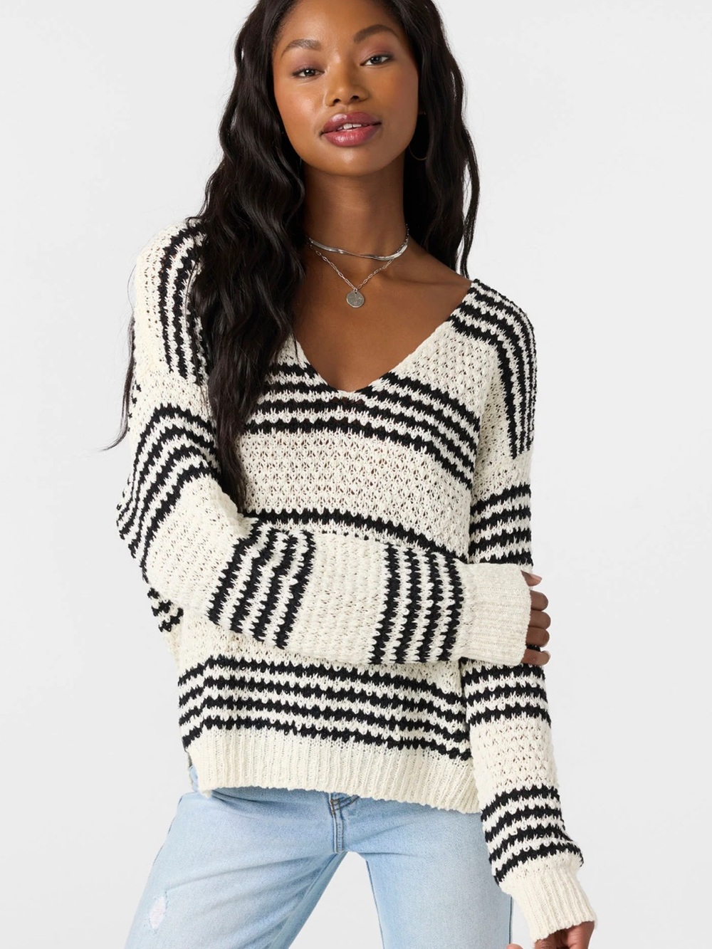 O'Neill Cream & Black Striped V-Neck Sweater